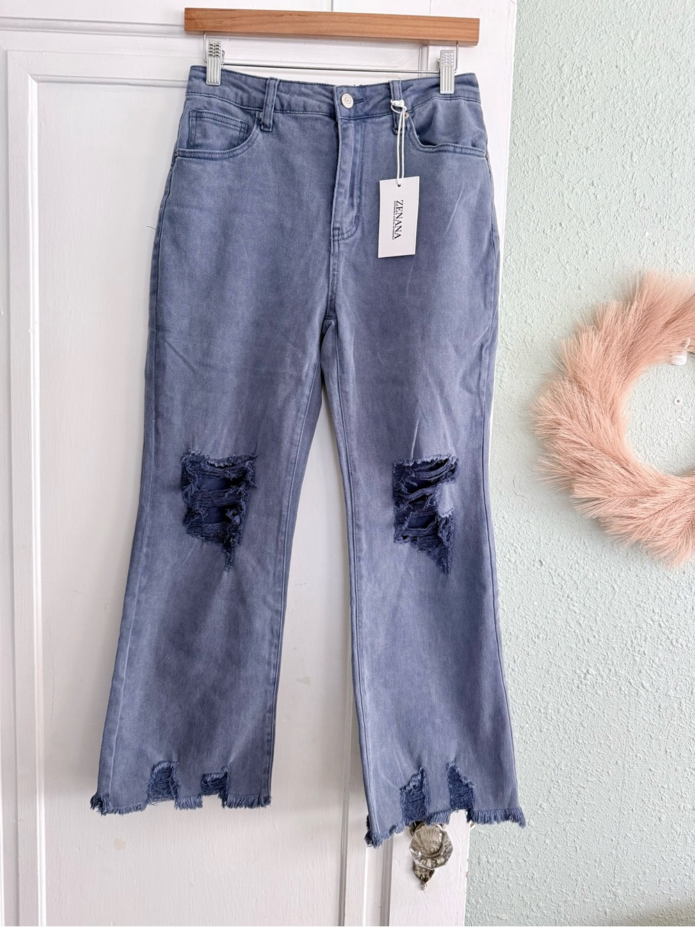 Zenana Outfitters Washed Blue Distressed Wide-Leg Jeans